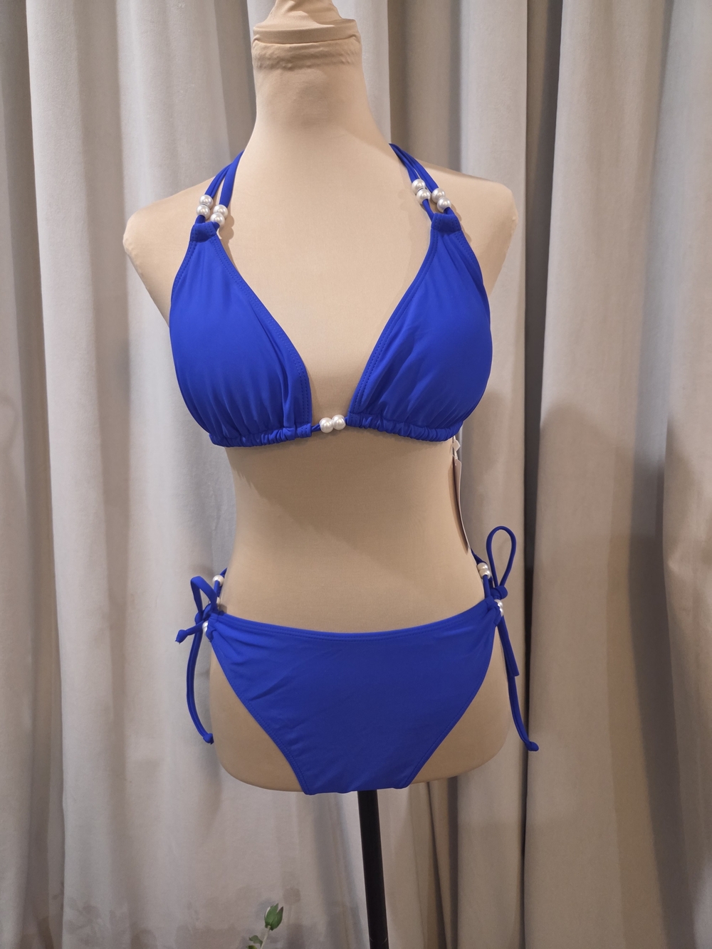Pearl-Accent Cobalt Blue Halter Tie-Side Bikini